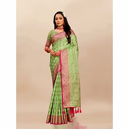 ynf soft katan silk saree with rich zari weaving design, border, and tassels, silk blouse included