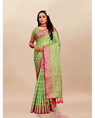 Soft Katan Silk Saree with Rich Zari Weaving Design, Border, and Tassels, Silk Blouse Included-RMNX-296-Pista
