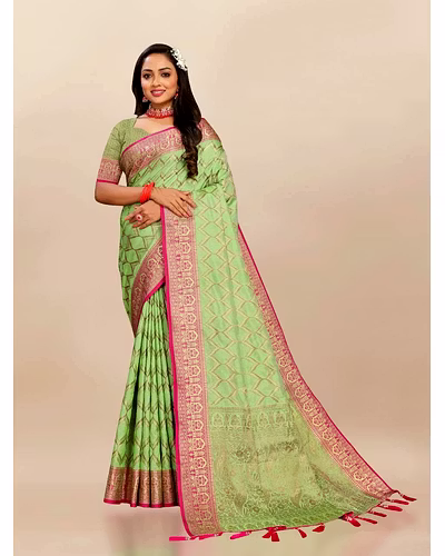 Soft Katan Silk Saree with Rich Zari Weaving Design, Border, and Tassels, Silk Blouse Included-Pista-1