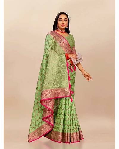 Soft Katan Silk Saree with Rich Zari Weaving Design, Border, and Tassels, Silk Blouse Included-Pista-2