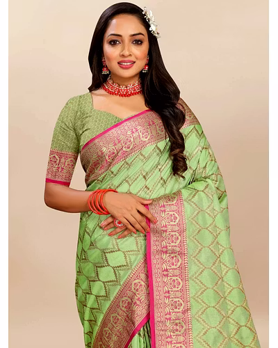 Soft Katan Silk Saree with Rich Zari Weaving Design, Border, and Tassels, Silk Blouse Included-Pista-3