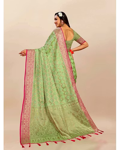 Soft Katan Silk Saree with Rich Zari Weaving Design, Border, and Tassels, Silk Blouse Included-Pista-4