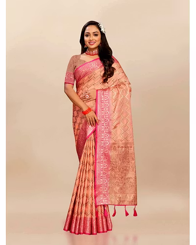Soft Katan Silk Saree with Rich Zari Weaving Design, Border, and Tassels, Silk Blouse Included-RMNX-296-Orange