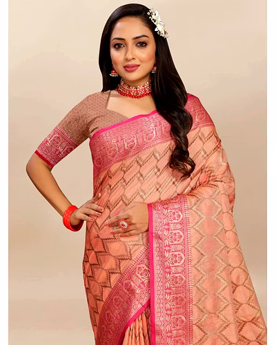 Soft Katan Silk Saree with Rich Zari Weaving Design, Border, and Tassels, Silk Blouse Included-Orange-1