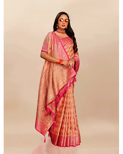 Soft Katan Silk Saree with Rich Zari Weaving Design, Border, and Tassels, Silk Blouse Included-Orange-2