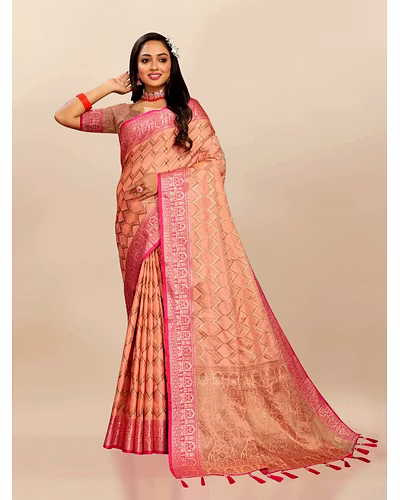 Soft Katan Silk Saree with Rich Zari Weaving Design, Border, and Tassels, Silk Blouse Included-Orange-3