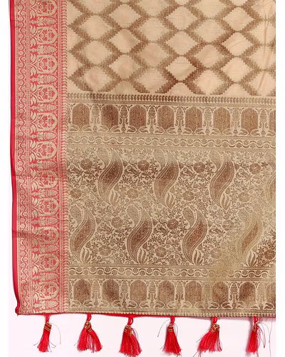 Soft Katan Silk Saree with Rich Zari Weaving Design, Border, and Tassels, Silk Blouse Included-Orange-4