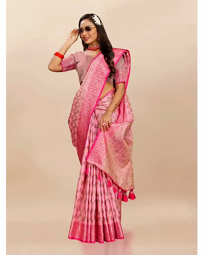 Soft Katan Silk Saree with Rich Zari Weaving Design, Border, and Tassels, Silk Blouse Included-Pink-1