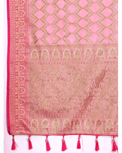 Soft Katan Silk Saree with Rich Zari Weaving Design, Border, and Tassels, Silk Blouse Included-Pink-4