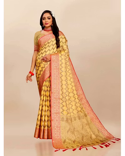 Soft Katan Silk Saree with Rich Zari Weaving Design, Border, and Tassels, Silk Blouse Included-RMNX-296-Yellow