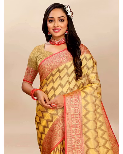 Soft Katan Silk Saree with Rich Zari Weaving Design, Border, and Tassels, Silk Blouse Included-Yellow-1