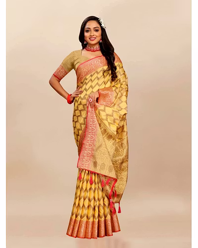 Soft Katan Silk Saree with Rich Zari Weaving Design, Border, and Tassels, Silk Blouse Included-Yellow-2