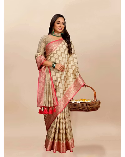 Soft Katan Silk Saree with Rich Zari Weaving Design, Border, and Tassels, Silk Blouse Included-RMNX-296-Cream