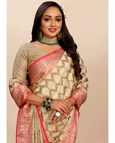Soft Katan Silk Saree with Rich Zari Weaving Design, Border, and Tassels, Silk Blouse Included-Cream-1