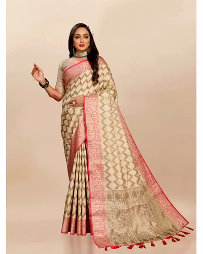 Soft Katan Silk Saree with Rich Zari Weaving Design, Border, and Tassels, Silk Blouse Included-Cream-2
