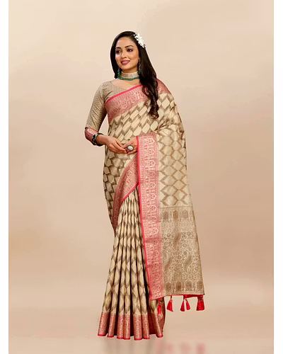 Soft Katan Silk Saree with Rich Zari Weaving Design, Border, and Tassels, Silk Blouse Included-Cream-3