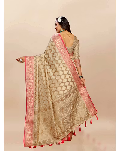 Soft Katan Silk Saree with Rich Zari Weaving Design, Border, and Tassels, Silk Blouse Included-Cream-4