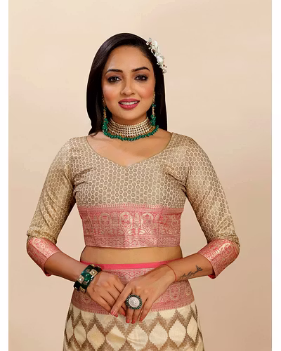 Soft Katan Silk Saree with Rich Zari Weaving Design, Border, and Tassels, Silk Blouse Included-Cream-5