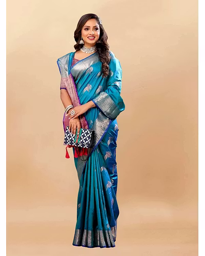 Soft Silk Saree with Rich Zari Weaving, Zari Border, Tessels, and Silk Blouse Piece-RMNX-297-Firozi