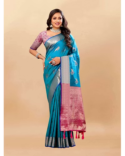 Soft Silk Saree with Rich Zari Weaving, Zari Border, Tessels, and Silk Blouse Piece-Firozi-1