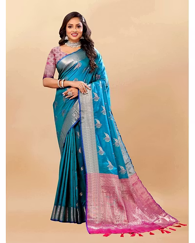 Soft Silk Saree with Rich Zari Weaving, Zari Border, Tessels, and Silk Blouse Piece-Firozi-3