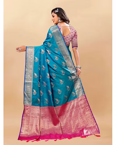 Soft Silk Saree with Rich Zari Weaving, Zari Border, Tessels, and Silk Blouse Piece-Firozi-4