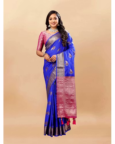 Soft Silk Saree with Rich Zari Weaving, Zari Border, Tessels, and Silk Blouse Piece-RMNX-297-Blue
