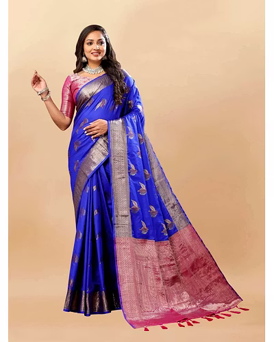 Soft Silk Saree with Rich Zari Weaving, Zari Border, Tessels, and Silk Blouse Piece-Blue-1