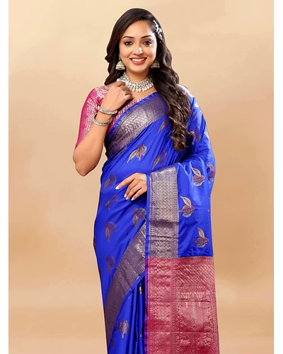 Soft Silk Saree with Rich Zari Weaving, Zari Border, Tessels, and Silk Blouse Piece-Blue-3