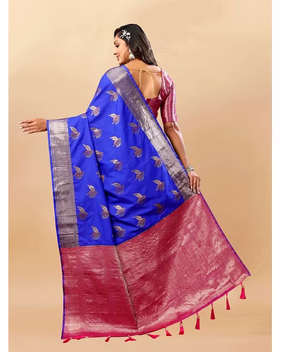 Soft Silk Saree with Rich Zari Weaving, Zari Border, Tessels, and Silk Blouse Piece-Blue-4