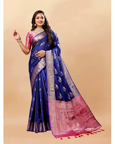 Soft Silk Saree with Rich Zari Weaving, Zari Border, Tessels, and Silk Blouse Piece-RMNX-297-NavyBlue