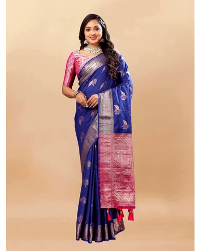 Soft Silk Saree with Rich Zari Weaving, Zari Border, Tessels, and Silk Blouse Piece-Navy Blue-1