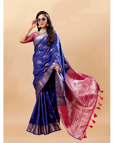 Soft Silk Saree with Rich Zari Weaving, Zari Border, Tessels, and Silk Blouse Piece-Navy Blue-2