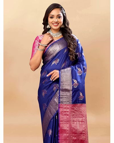 Soft Silk Saree with Rich Zari Weaving, Zari Border, Tessels, and Silk Blouse Piece-Navy Blue-3