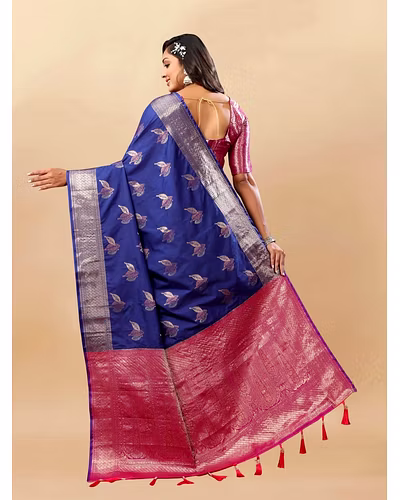 Soft Silk Saree with Rich Zari Weaving, Zari Border, Tessels, and Silk Blouse Piece-Navy Blue-4