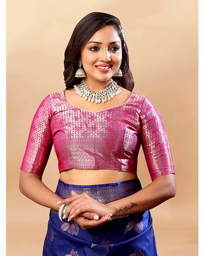 Soft Silk Saree with Rich Zari Weaving, Zari Border, Tessels, and Silk Blouse Piece-Navy Blue-5