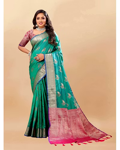 Soft Silk Saree with Rich Zari Weaving, Zari Border, Tessels, and Silk Blouse Piece-RMNX-297-Rama