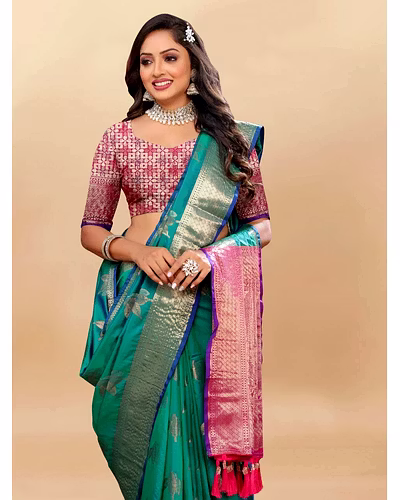 Soft Silk Saree with Rich Zari Weaving, Zari Border, Tessels, and Silk Blouse Piece-Rama-1