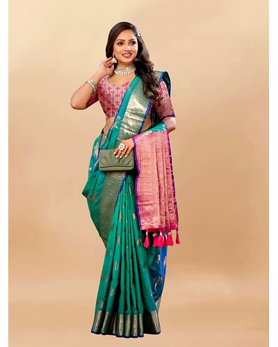 Soft Silk Saree with Rich Zari Weaving, Zari Border, Tessels, and Silk Blouse Piece-Rama-3