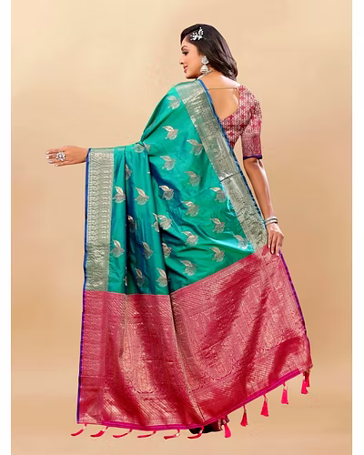 Soft Silk Saree with Rich Zari Weaving, Zari Border, Tessels, and Silk Blouse Piece-Rama-4