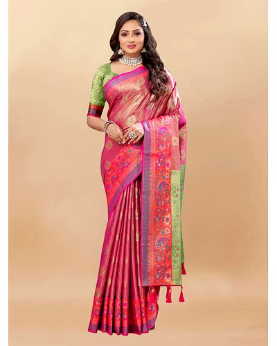 Soft Kanjivaram Silk Saree with Rich Zari Weaving and Tassel-Embellished Pallu-Pink-1