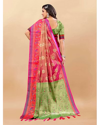 Soft Kanjivaram Silk Saree with Rich Zari Weaving and Tassel-Embellished Pallu-Pink-4