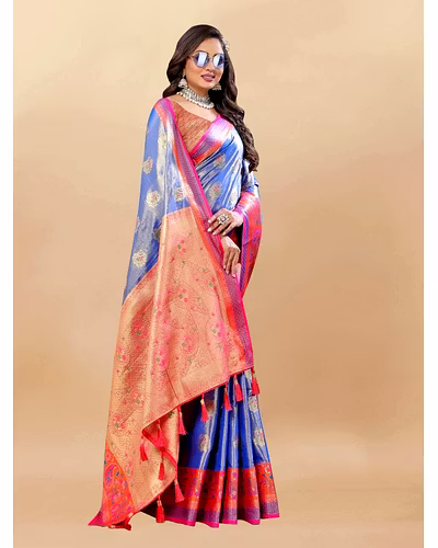 Soft Kanjivaram Silk Saree with Rich Zari Weaving and Tassel-Embellished Pallu-RMNX-299-Blue