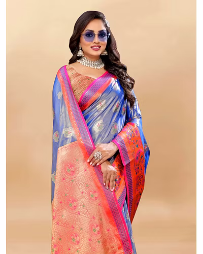 Soft Kanjivaram Silk Saree with Rich Zari Weaving and Tassel-Embellished Pallu-Blue-1