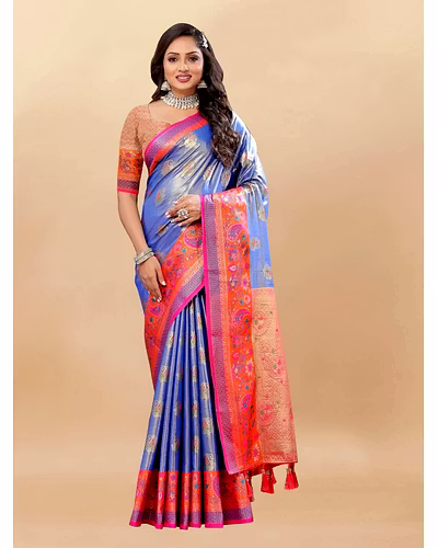 Soft Kanjivaram Silk Saree with Rich Zari Weaving and Tassel-Embellished Pallu-Blue-2