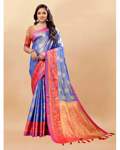 Soft Kanjivaram Silk Saree with Rich Zari Weaving and Tassel-Embellished Pallu-Blue-3