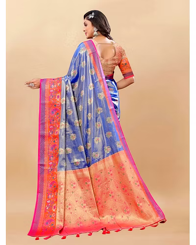 Soft Kanjivaram Silk Saree with Rich Zari Weaving and Tassel-Embellished Pallu-Blue-4