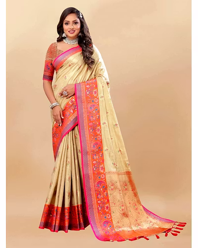 Soft Kanjivaram Silk Saree with Rich Zari Weaving and Tassel-Embellished Pallu-RMNX-299-Beige