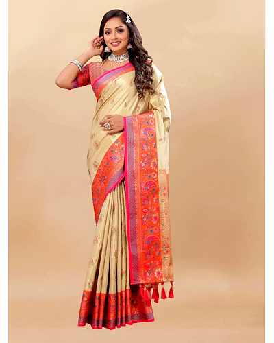 Soft Kanjivaram Silk Saree with Rich Zari Weaving and Tassel-Embellished Pallu-Beige-1