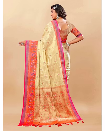 Soft Kanjivaram Silk Saree with Rich Zari Weaving and Tassel-Embellished Pallu-Beige-2